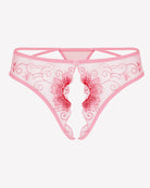 Pink embroidered thong panties with floral swirl design and heart-shaped eyelet