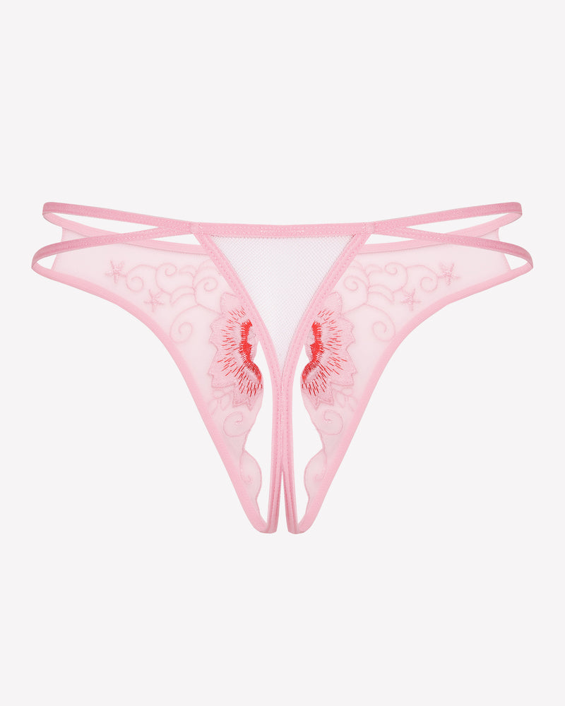 Light pink thong panties with red embroidered floral motif and strappy side cutouts