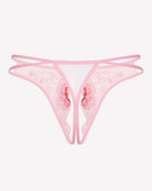Light pink thong panties with red embroidered floral motif and strappy side cutouts