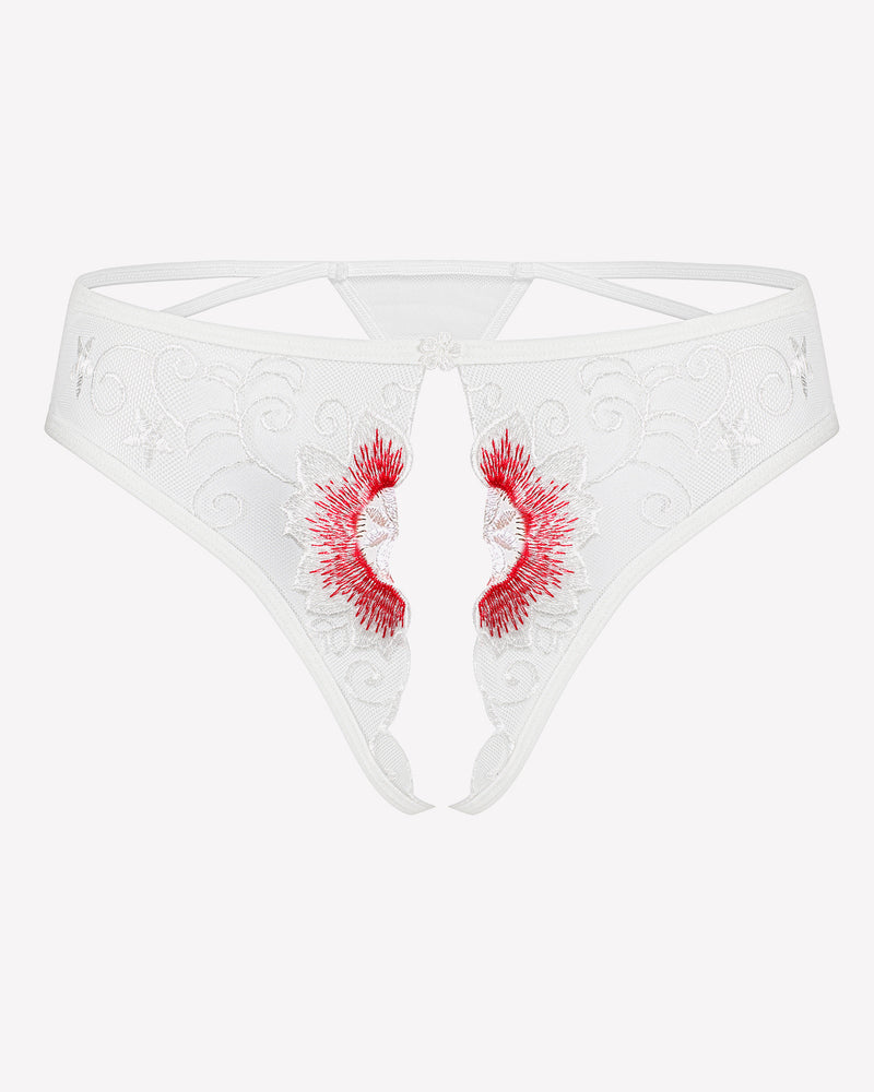 White thong panties with red embroidered floral swirl and geometric cutout back