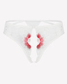 White thong panties with red embroidered floral swirl and geometric cutout back