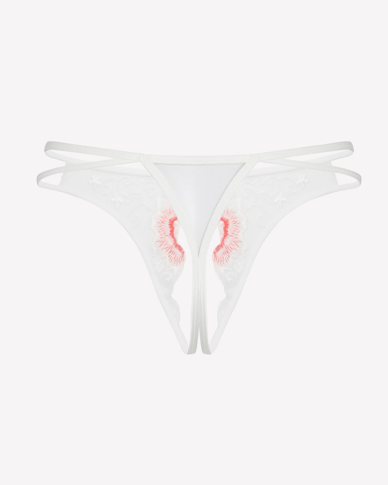 White sheer thong panties with pale red embroidered floral swirl and strappy sides