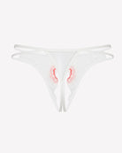 White sheer thong panties with pale red embroidered floral swirl and strappy sides