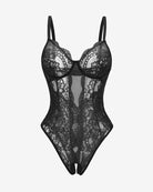 Black lace one-piece lingerie with deep V neckline and high-cut thong style