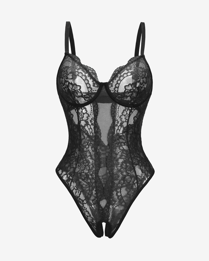 Black lace one-piece lingerie with deep V neckline and high-cut thong style