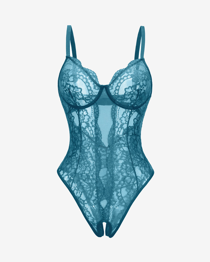 Teal lace one-piece lingerie with underwire cups and deep V front