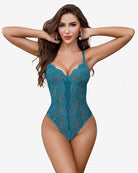 Teal lace one-piece lingerie with deep V neckline and scalloped underwire cups