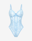 Light blue lace deep V cutout one-piece lingerie bodysuit, front view on white