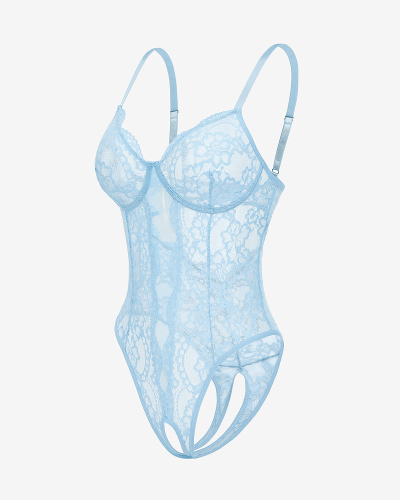 Light blue lace deep V cutout one-piece lingerie bodysuit, open-back view