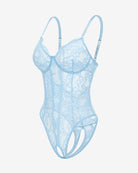 Light blue lace deep V cutout one-piece lingerie bodysuit, open-back view