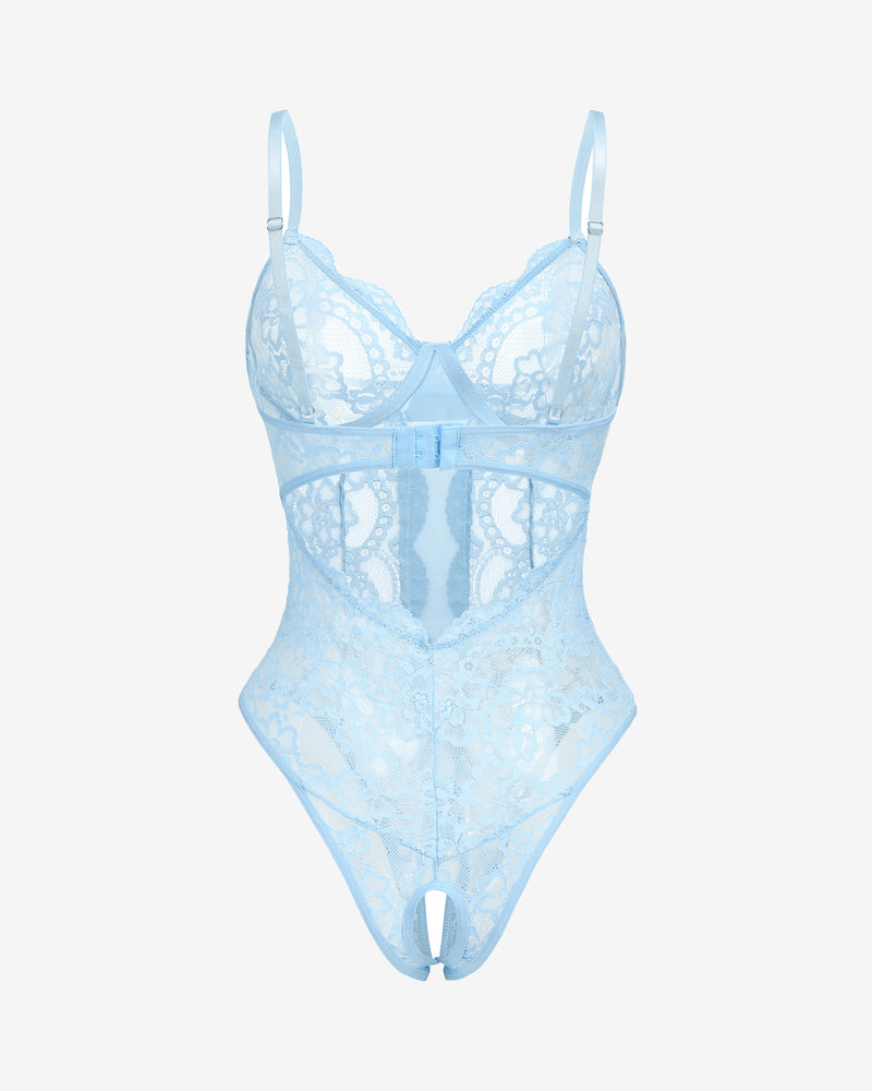Light blue lace deep V cutout one-piece lingerie bodysuit, front view