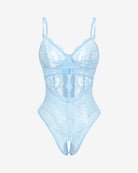 Light blue lace deep V cutout one-piece lingerie bodysuit, front view