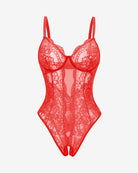 Red lace one-piece lingerie with underwire cups, deep V neckline, back cutout