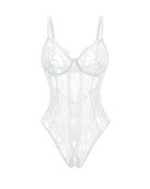White lace deep V cut-out one-piece lingerie with underwire cups and thin straps