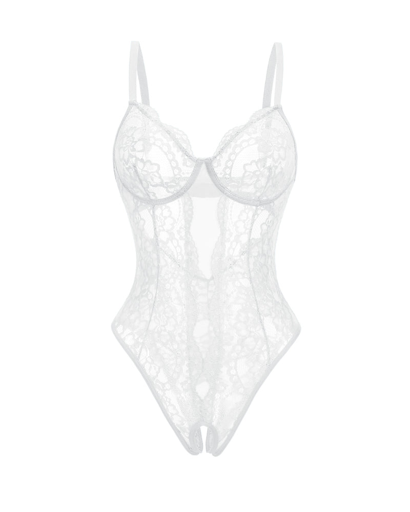 White lace deep V cut-out one-piece lingerie with underwire cups and thin straps