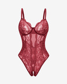 Burgundy lace deep V cutout one-piece lingerie bodysuit, front view
