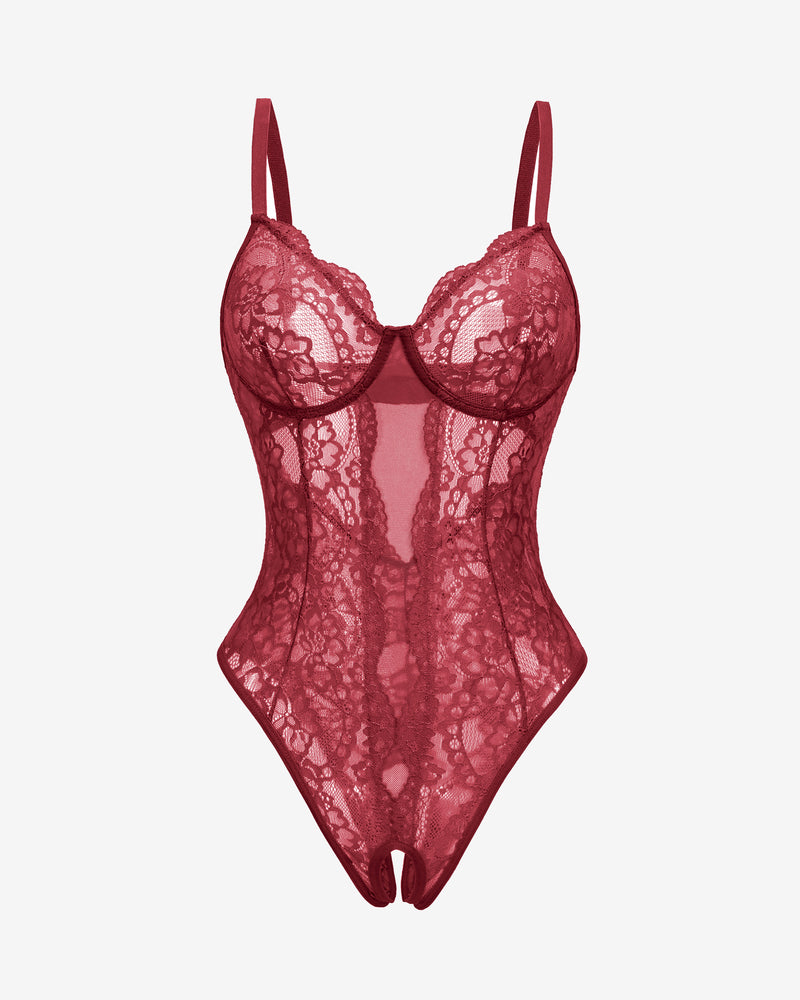 Burgundy lace deep V cutout one-piece lingerie bodysuit, front view