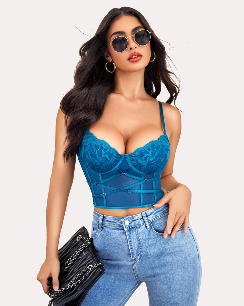 Blue lace corset tank top with underwire cups and matching thong, front view