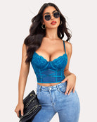 Blue lace corset tank top with underwire cups and matching thong, front view