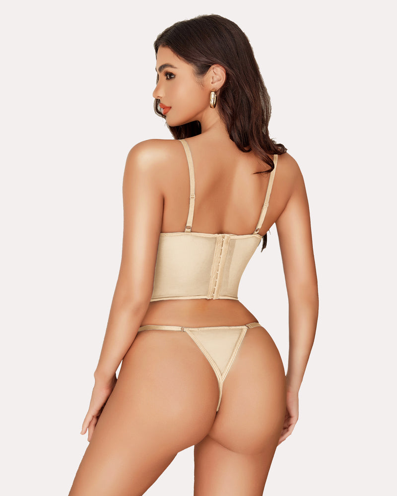 Champagne lace corset tank top and matching thong, open back view with straps
