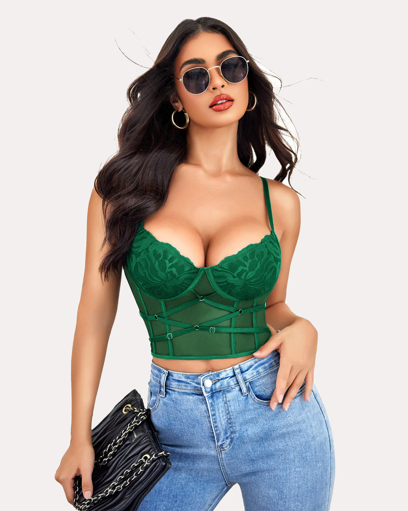 Lace corset tank top and garter-style panels, green, underwire cups with hooks