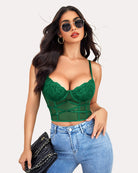 Lace corset tank top and garter-style panels, green, underwire cups with hooks