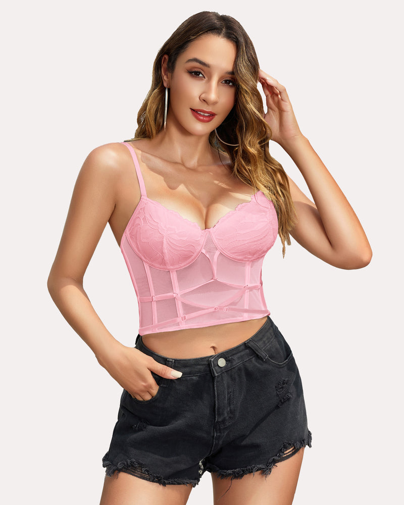 Lace corset tank top with structured paneling, pink, underwire cups and thin straps