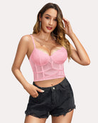 Lace corset tank top with structured paneling, pink, underwire cups and thin straps