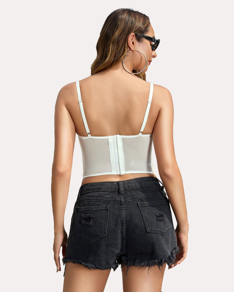 Back view of lace corset tank top, white, strappy open back with adjustable straps
