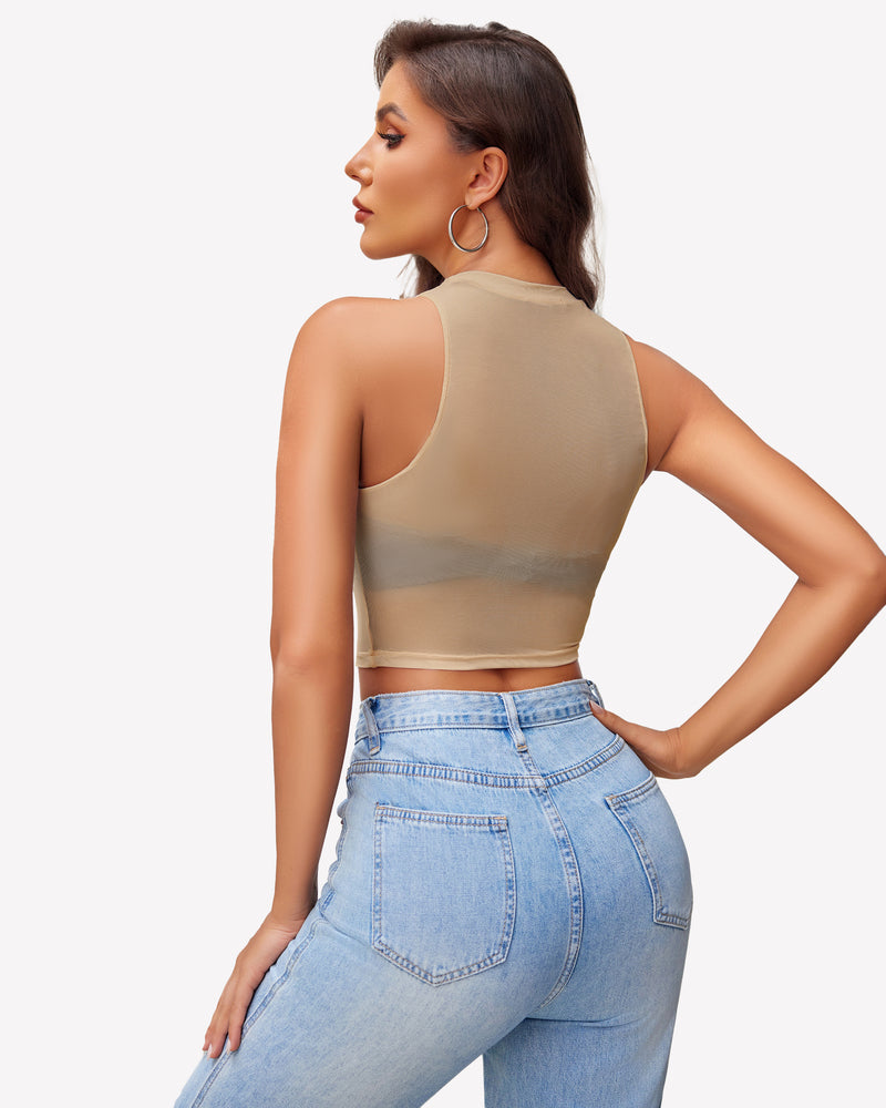 Sheer mesh crop tank top, light brown, open-back, sleeveless