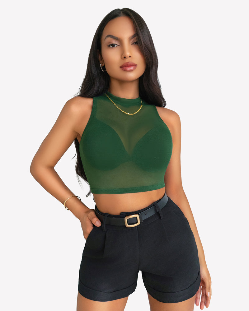 Sheer mesh crop tank top, green, high neck, sleeveless