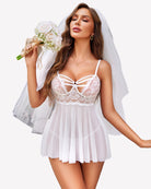 White lace babydoll lingerie with embroidered lace cups and flowy mesh skirt