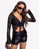 Leopard print mesh crop top with long sleeves, V-neck tie front