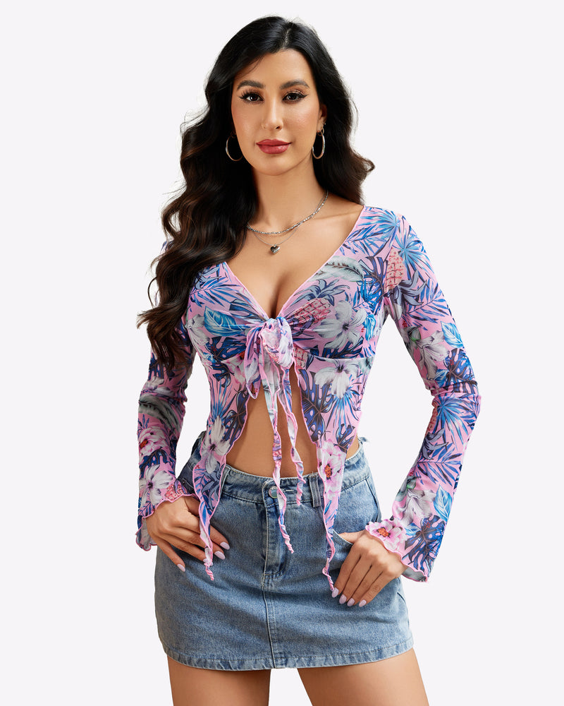 Pink and blue floral mesh crop top with long sleeves, center tie V-neck