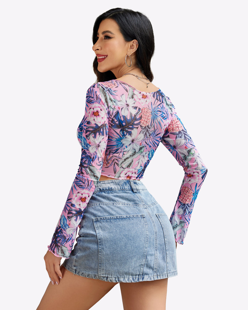 Pink and blue floral mesh crop top with long sleeves, back tie detail