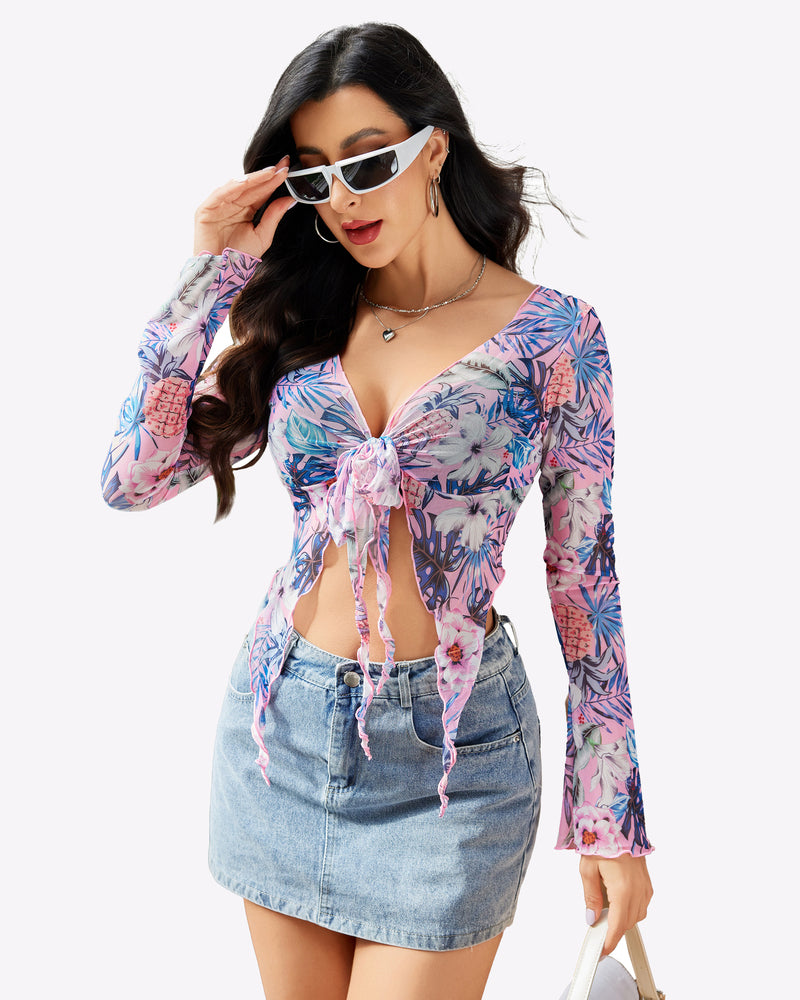 Pink and blue floral mesh crop top with long sleeves, V-neck tie-front