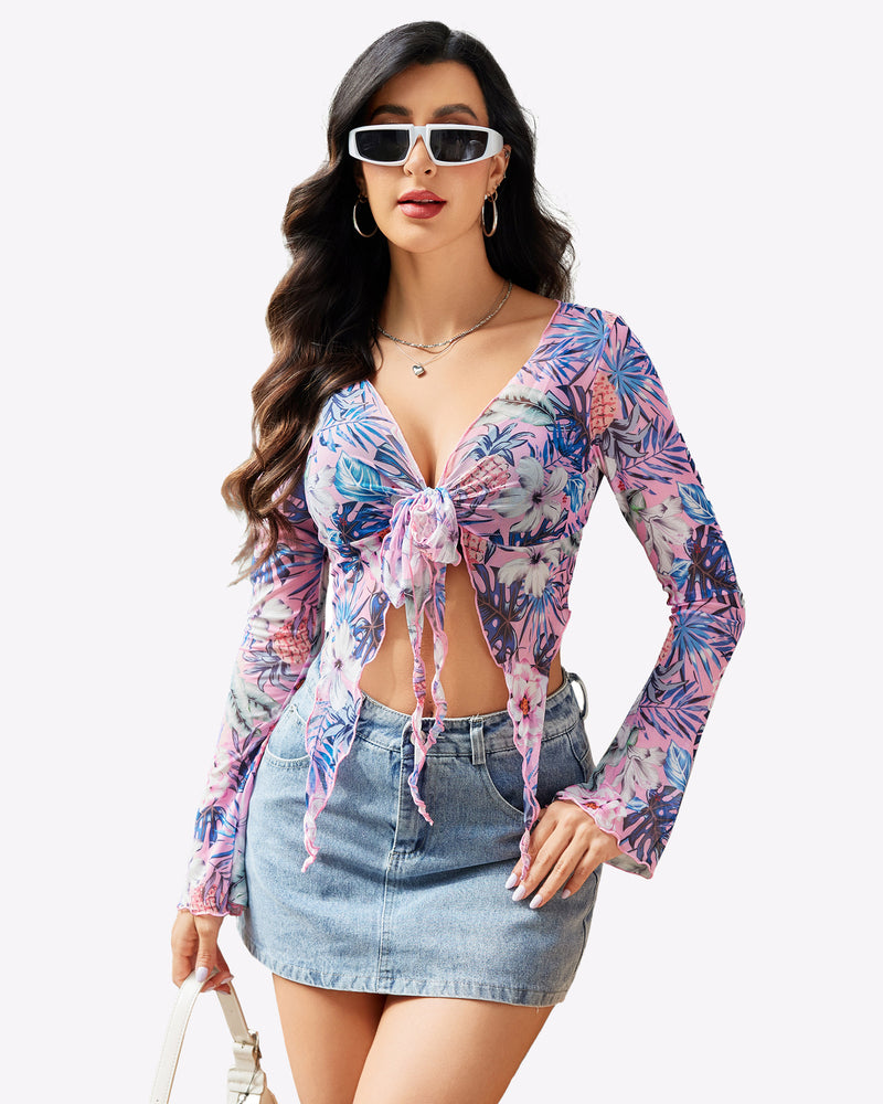 Pink and blue floral mesh crop top with long sleeves, V-neck tie front