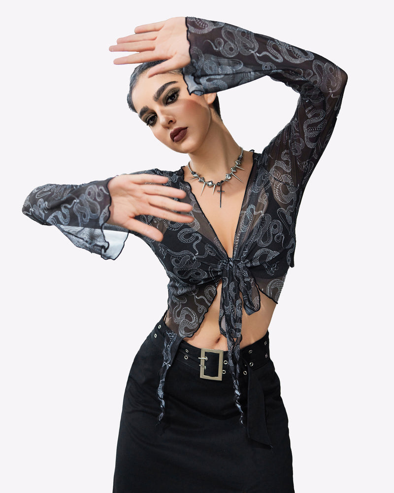 Mesh crop top with long sleeves, tie-front knot, deep V neckline, dark swirling pattern