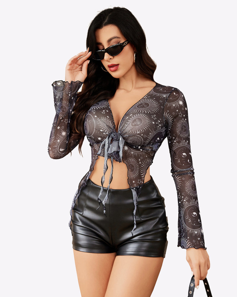 Mesh crop top with long sleeves, tie-front knot and deep V neckline, dark celestial motif