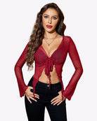 Mesh crop top with long sleeves, tie-front detail, and burgundy red color