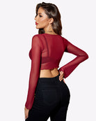 Mesh crop top with long sleeves and tie-front detail in burgundy red