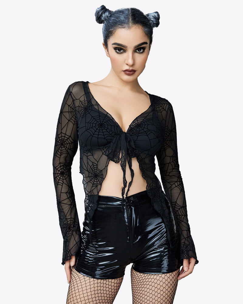 Mesh crop top with long sleeves, tie-front knot and deep V neckline, black spiderweb pattern