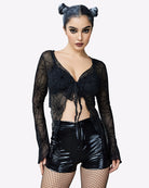 Mesh crop top with long sleeves, tie-front knot and deep V neckline, black spiderweb pattern