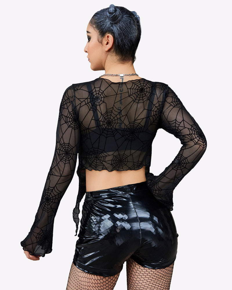 Mesh crop top with long sleeves, tie-front knot, deep V neckline, black spiderweb back view
