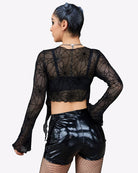 Mesh crop top with long sleeves, tie-front knot, deep V neckline, black spiderweb back view