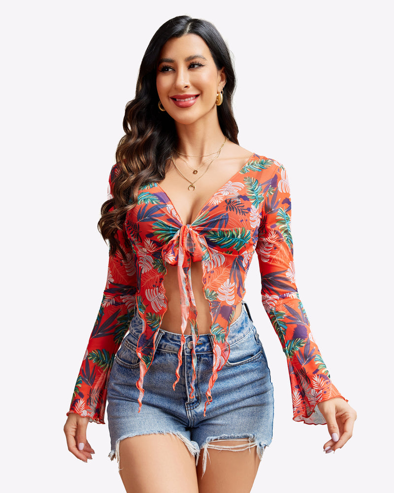 Mesh crop top with tie-front V-neck, long sleeves, orange-red tropical leaf print