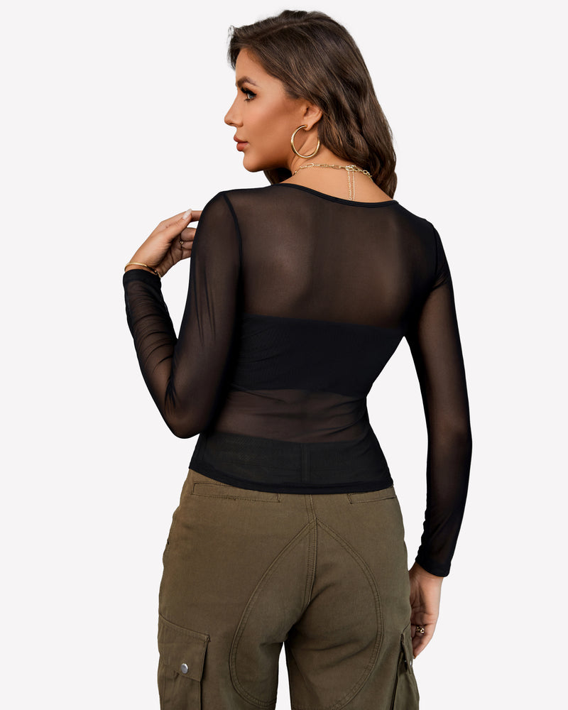 Black sheer long-sleeve crop top with asymmetrical neckline, back view