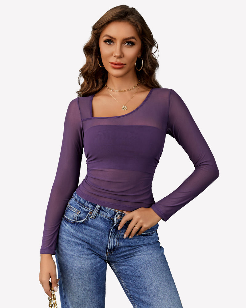 Lilac sheer asymmetrical neckline long-sleeve crop top with ruched waist