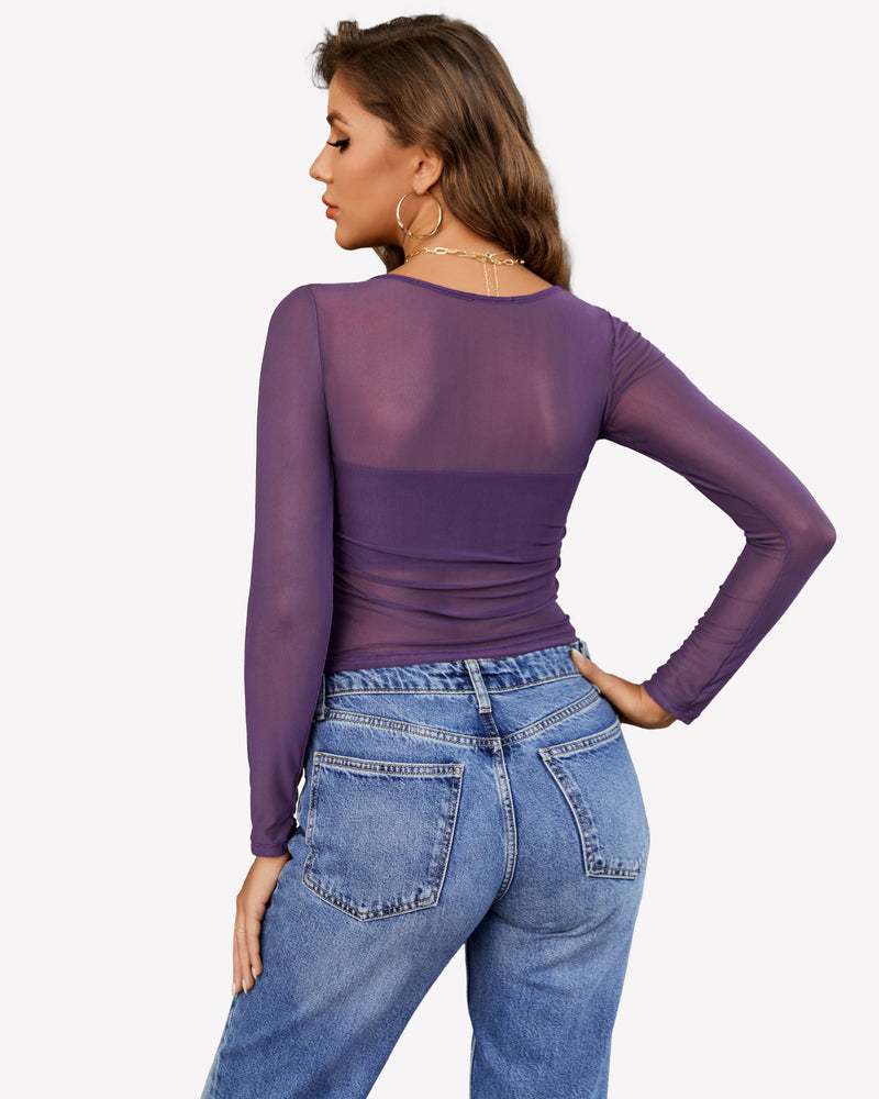 Lilac sheer long-sleeve crop top, asymmetrical neckline, back view
