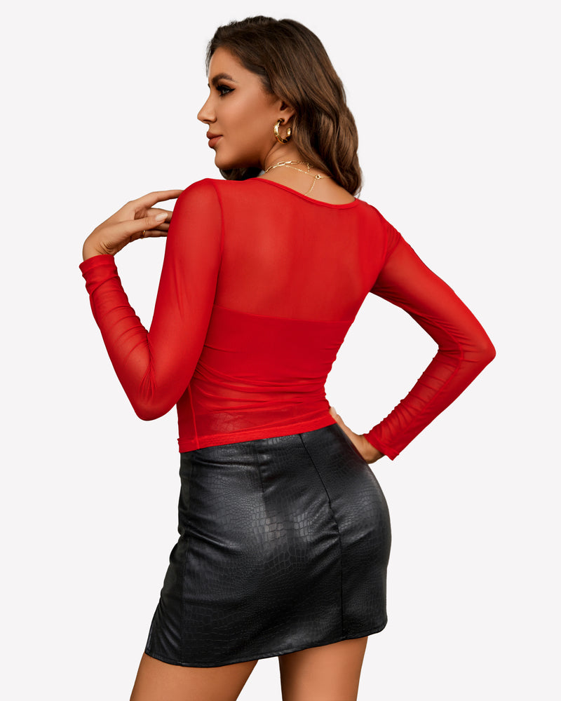 Red sheer long-sleeve crop top with asymmetrical neckline, back view